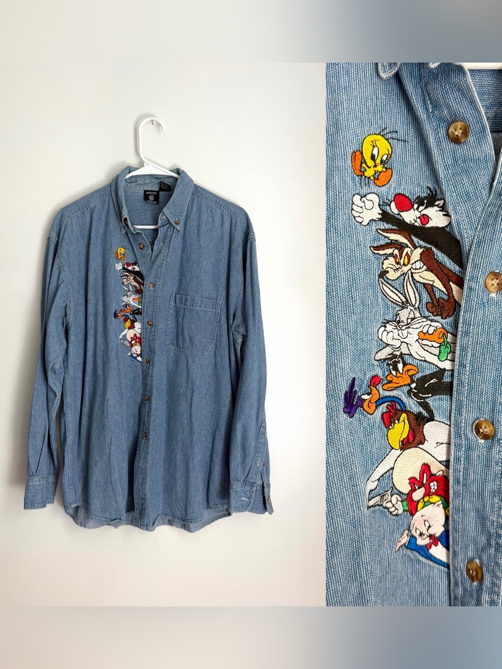 Men's Warner Bros Looney Tunes Cotton Faux Denim Button Down Shirt Size M